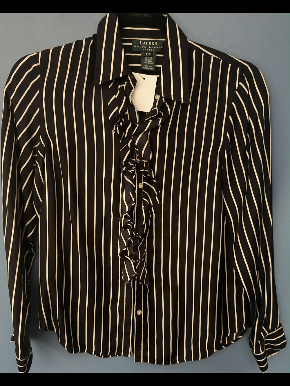 Lauren Ralph Lauren Black and White Vertical-Stripe 100% Silk Ruffle Shirt